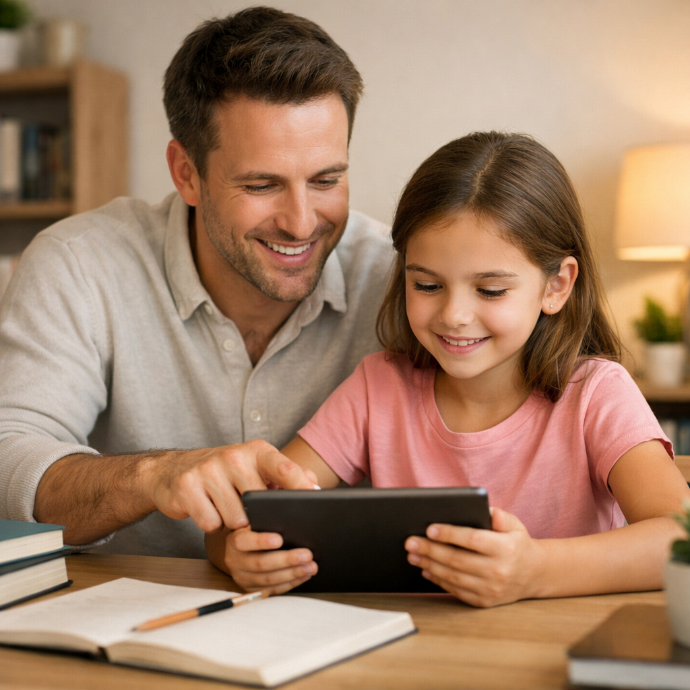 Vater liest mit Tochter auf dem Tablet