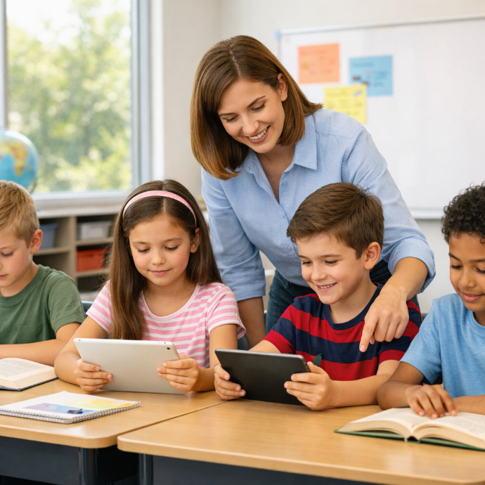 Lehrerin mit Schülern und Tablets im Klassenzimmer